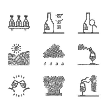 Yağmurlu Bulut, Şef şapkası, şarap tatma, şarap tatma, üzüm bağları, bir şişe şarap ve ikon. Vektör