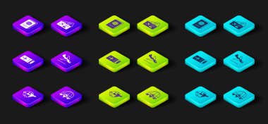 Globe 'u uçakla, uçak biletiyle, uçak inişiyle ve pasaport ikonuyla ayarla. Vektör