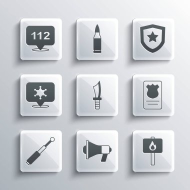 Megafon, Protesto, kimlik kartlı polis rozeti, askeri bıçak, teleskopik cop, Hexagram şerifi, telefon çağrısı 112 ve ikon. Vektör