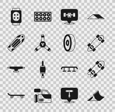 Kaykay parkı, kaykay veya kaykay, kaykay tekerleği, Y-aracı, güverte, dizlikler ve bilye ikonu. Vektör