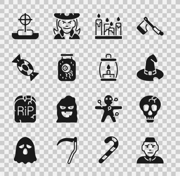 Set Priester, Totenkopf, Hexenhut, brennende Kerze, Augapfel, Süßigkeiten, Grabstein mit Kreuz und Zeltlaternensymbol. Vektor — Stockvektor