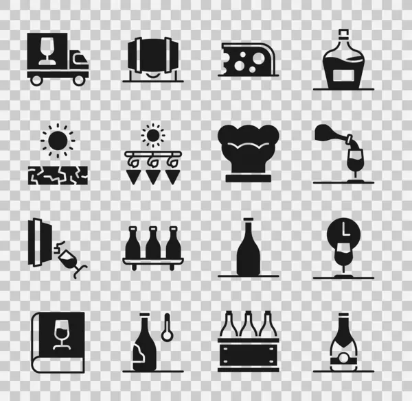 采购产品设置香槟瓶,葡萄酒时间,品尝,变味,奶酪,干葡萄,干旱,卡车和厨师帽子图标.B.病媒 — 图库矢量图片