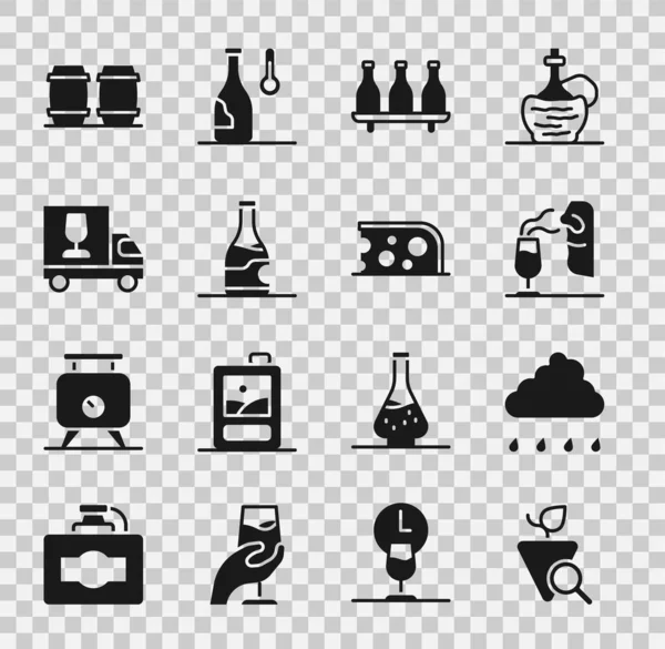 Szőlő, Felhő esővel, Sommelier, Egy üveg bor, Boros teherautó, Fahordó és Sajt ikon. Vektor — Stock Vector