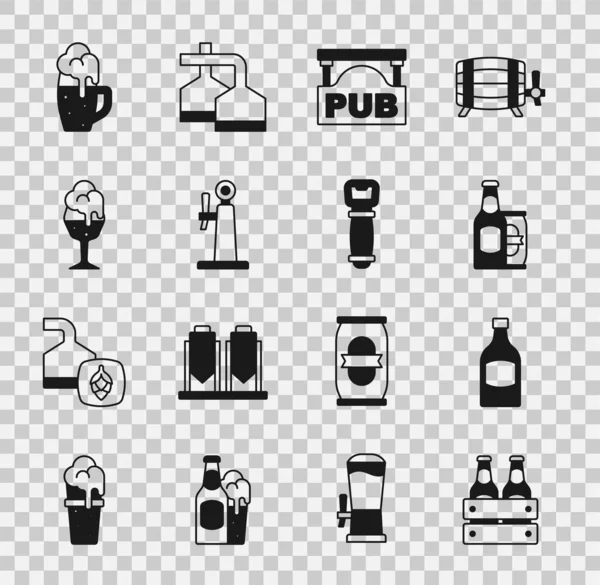 Set Pack Bierflaschen, Bier und Dose, Straßenschild mit Pub, Zapfhahn, Glas und Flaschenöffner-Symbol. Vektor — Stockvektor