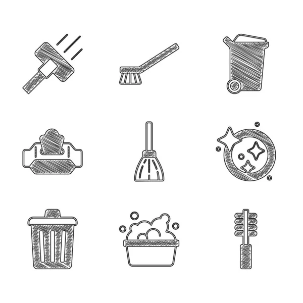 Set Griff-Besen, Waschbecken mit Seifenlauge, Toilettenbürste, Geschirr, Mülleimer, Feuchttücher und Staubsauger-Symbol. Vektor — Stockvektor