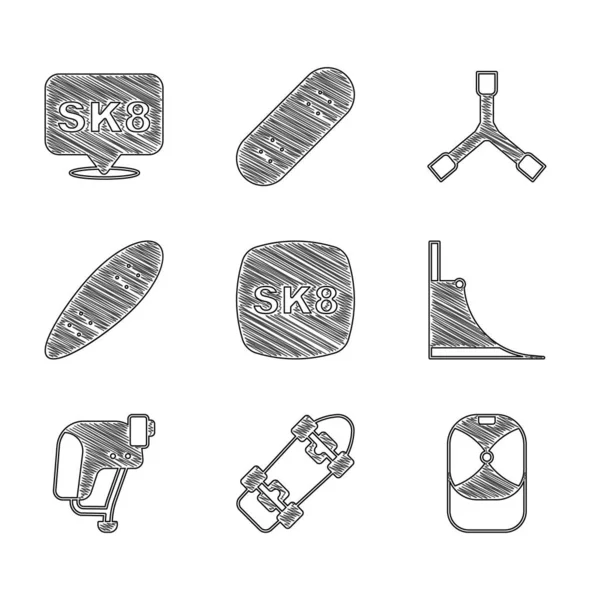Sett Skateboard, Baseball cap, park, hjelm, Longboard eller skateboard, Y-verktøy og ikon. Vektor – stockvektor