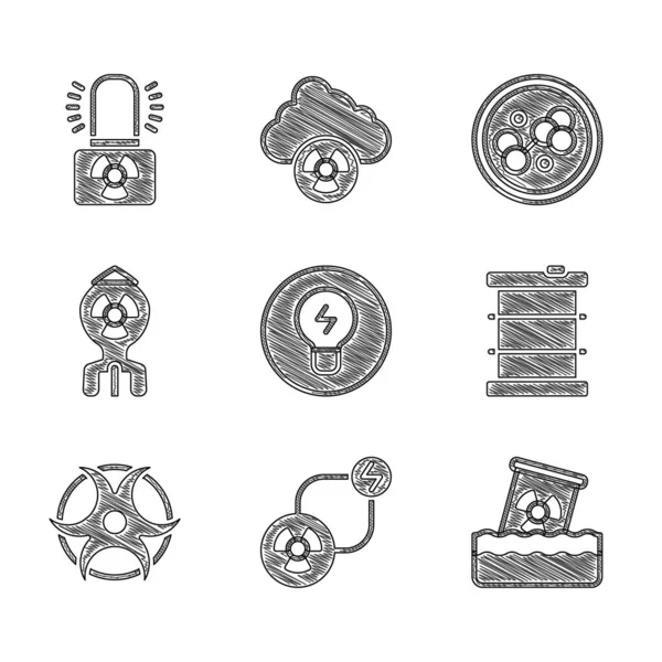 Conjunto Bombilla con concepto de idea, Energía de intercambio radiactivo, residuos en barril, símbolo de peligro biológico, bomba nuclear, molécula e icono de lámpara de advertencia. Vector — Archivo Imágenes Vectoriales
