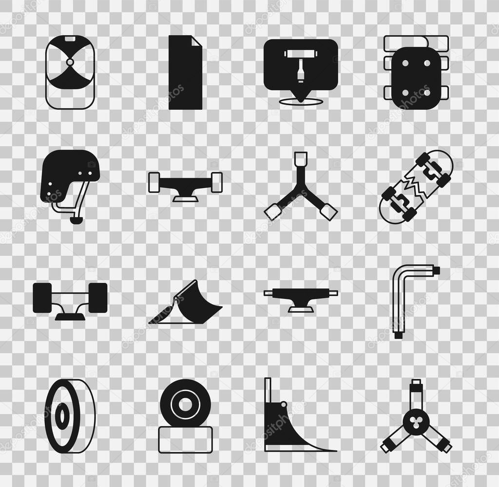 Set Skateboard Y-tool, Tool allen keys, Broken skateboard, wheel, helmet, Baseball cap and icon. Vector