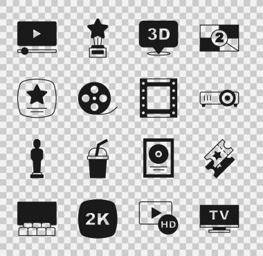 Smart Tv, Cinema bileti, Movie, film, medya projektörü, 3D kelime, Film makarası, Şöhret Yolu yıldızı, Online video ve oyun ikonu. Vektör