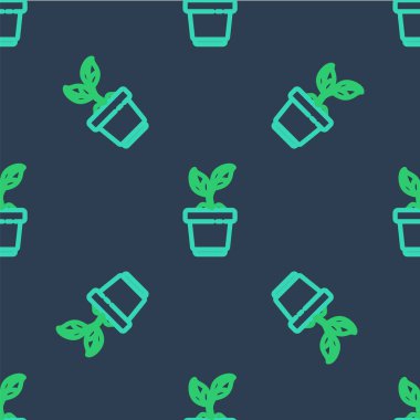 Çömlek ikonundaki Çizgi Bitkisi mavi arkaplandaki pürüzsüz deseni izole etti. Tencerede yetişen bir bitki. Saksı bitkisi işareti. Vektör