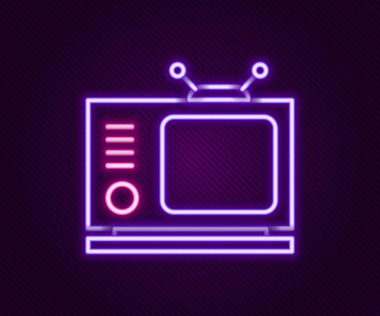 Parlayan neon hattı Retro TV simgesi siyah arkaplanda izole edildi. Televizyon tabelası. Renkli taslak konsepti. Vektör