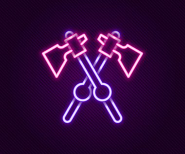 Parlayan neon hattı, siyah arkaplanda izole edilmiş ortaçağ eksen simgesini geçti. Savaş baltası, cellat baltası. Ortaçağ silahı. Renkli taslak konsepti. Vektör