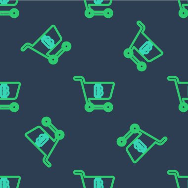 Bitcoin ikonlu çizgi alışveriş arabası mavi arka planda izole edilmiş pürüzsüz desen. Çevrimiçi ödeme. Nakit çekilmesi. Modern ödeme yöntemi. Vektör