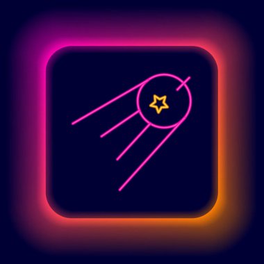 Parlayan neon hattı uydu simgesi siyah arkaplanda izole edildi. Renkli taslak konsepti. Vektör