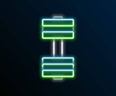 Parlayan neon hattı Dumbbell simgesi siyah arkaplanda izole edildi. Kas kaldırma ikonu, fitness halteri, spor aletleri, egzersiz yaban domuzu. Renkli taslak konsepti. Vektör