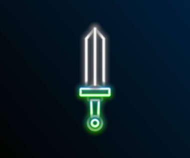 Parlayan neon hattı Ortaçağ kılıç ikonu siyah arka planda izole edildi. Ortaçağ silahı. Renkli taslak konsepti. Vektör