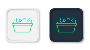 Beyaz arka planda izole edilmiş, içinde köpük kabarcıkları olan Çizgili Bebek küveti. Renkli taslak konsepti. Vektör