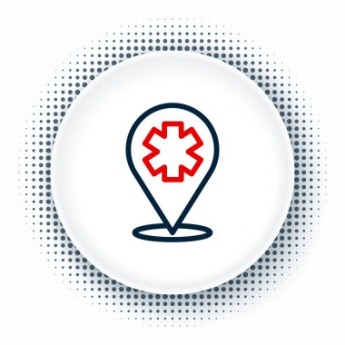 Çizgi Medikal Harita İşaretleyicisi, beyaz arka planda çapraz hastane simgesi var. Renkli taslak konsepti. Vektör