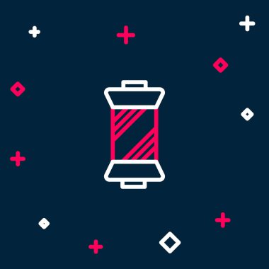 Mavi arkaplanda izole edilmiş makara simgesine çizgi dikiş ipliği. İplik makarası. İplik kutusu. Renkli taslak konsepti. Vektör