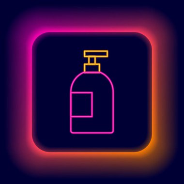 Parlayan neon hattı siyah arkaplanda izole edilmiş sıvı şişe ikonu. Bulaşık yıkamak için sıvı deterjan. Renkli taslak konsepti. Vektör