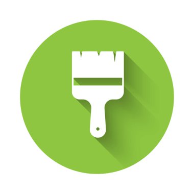 Beyaz boya fırça simgesi uzun gölge arkaplan izole. Yeşil daire düğmesi. Vektör