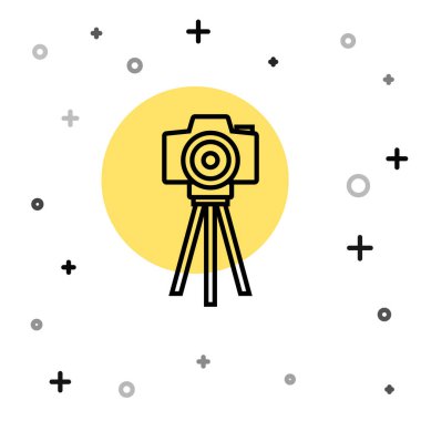 Siyah çizgi fotoğraf makinesi simgesi beyaz arkaplanda izole edildi. Foto kamera. Dijital fotoğrafçılık. Rastgele dinamik şekiller. Vektör.