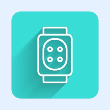 Beyaz çizgi dizlik simgesi uzun gölge arkaplanı ile izole edildi. Olağanüstü bir spor. Kaykay, bisiklet, paten kayma koruyucu giysi. Yeşil kare düğmesi. Vektör