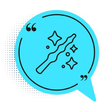 Siyah çizgi sihirli çubuk simgesi beyaz arkaplanda izole edildi. Yıldız şeklinde sihirli aksesuar. Sihirli güç. Mutlu Cadılar Bayramı Partisi. Mavi konuşma balonu sembolü. Vektör