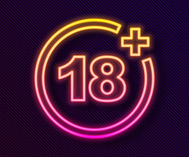 Parlayan neon hattı artı 18 film ikonu siyah arkaplanda izole edildi. Yetişkin içeriği. 18 yaşın altında. Vektör
