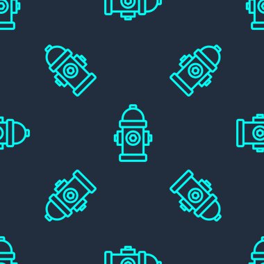 Yeşil çizgi yangın musluğu simgesi mavi arka planda izole edilmiş pürüzsüz desen. Vektör