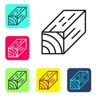 Siyah çizgi tahta kiriş simgesi beyaz arkaplanda izole edildi. Kereste kalası. Renkli kare düğmelerle simgeleri ayarla. Vektör