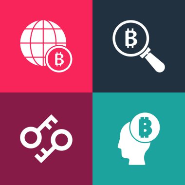 Bitcoin sanatı, kripto para birimi anahtarı, büyüteç ve Globe ikonu. Vektör.