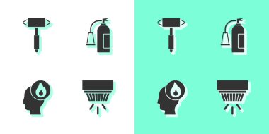 Duman alarmını, itfaiyeci baltasını ve yangın söndürme ikonunu ayarla. Vektör