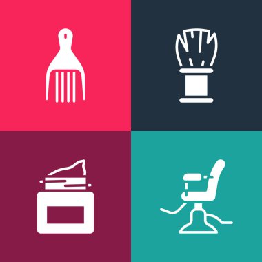 Pop sanat berber koltuğu, krem kozmetik kavanozu, tıraş fırçası ve Barrette ikonunu hazırla. Vektör