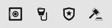 Güvenli, telsiz, polis rozeti ve Yargıç Tokmak ikonu. Vektör