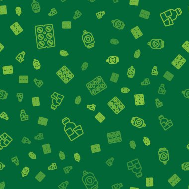 Çizgi haplarını su toplayan paketlere, bir şişe ilaç şurubuna ve serum torbasına yerleştirin. Vektör