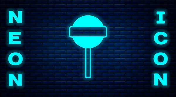 Glödande Neon Lollipop Ikon Isolerad Tegel Vägg Bakgrund Mat Läcker — Stock vektor