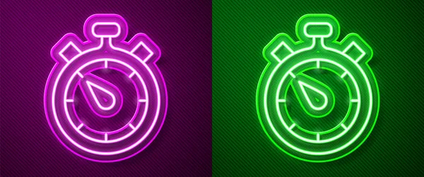 Светящаяся Неоновая Линия Значок Секундомера Выделен Фиолетовом Зеленом Фоне Знак — стоковый вектор