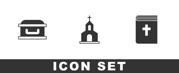 Establecer Ataúd Con Cruz Edificio Iglesia Icono Del Libro Santa — Vector de stock