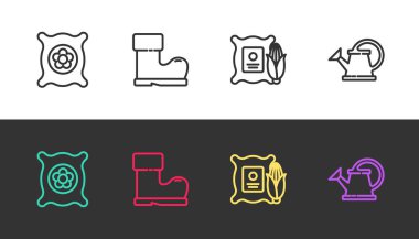 Bitki tohumları, su geçirmez lastik botlar, çuvalda mısır ve siyah beyaz su dolu kutular koyun. Vektör