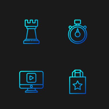 Set hattı kağıt alışveriş çantası, çevrimiçi oyun videosu, iş stratejisi ve Stopwatch. Renk simgeleri. Vektör