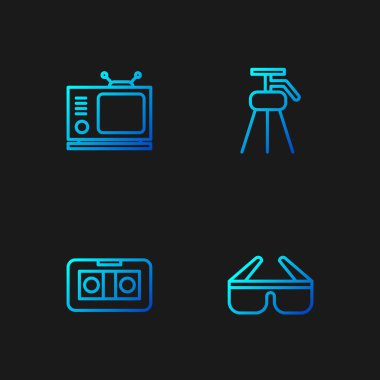 3D sinema gözlükleri, VHS video kaset, Retro TV ve Tripod. Renk simgeleri. Vektör