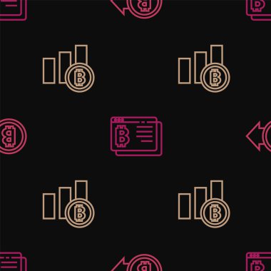 Çizgi Bitcoin, turta grafiği, bitcoin ve tarayıcıyı kusursuz desen üzerine ayarla. Vektör
