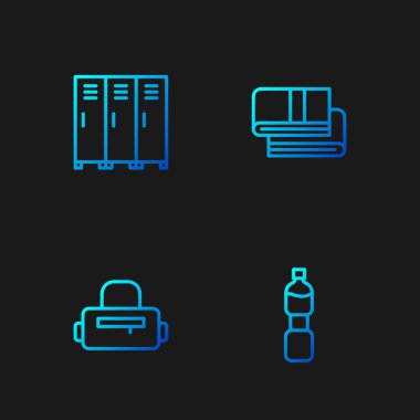 Bir şişe su, spor çantası, soyunma odası ve havlu yığını. Renk simgeleri. Vektör