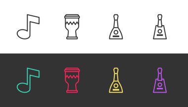 Set hattı nota, ton, davul, balalayka ve siyah beyaz. Vektör