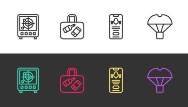 Radar 'ı monitörde hedeflerle, bavulla, mobil biletle ve siyah beyaz paraşütle uçan kutuyla ayarla. Vektör