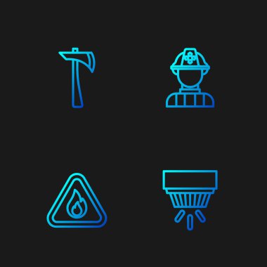 Duman alarmı sistemi, üçgende yangın alevi, itfaiyeci baltası ve... Renk simgeleri. Vektör