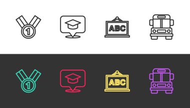 Madalya, konuşma balonunda mezuniyet şapkası, Chalkboard ve okul otobüsleri siyah beyaz. Vektör