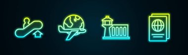 Yürüyen merdiven, uçan uçakla Globe, havaalanı kontrol kulesi ve pasaport ayarlayın. Parlayan neon ikonu. Vektör