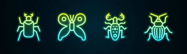 Establecer Línea Escarabajo Insecto Mariposa Ciervo Escarabajo Chafer Icono Neón — Vector de stock